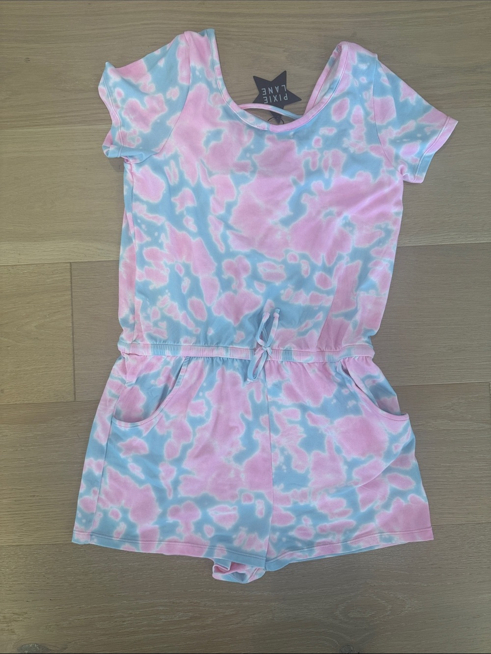 NWT Pixie Lane Girls' Tie-Dye Short Sleeve Romper in Pink & Light Blue size 14